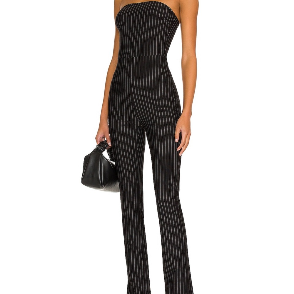 Black Pinstripe Strapless Jumpsuit